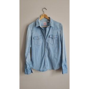 Levis Womens Western Denim Shirt Light Wash Tailored Fit Snap Front Blue Small